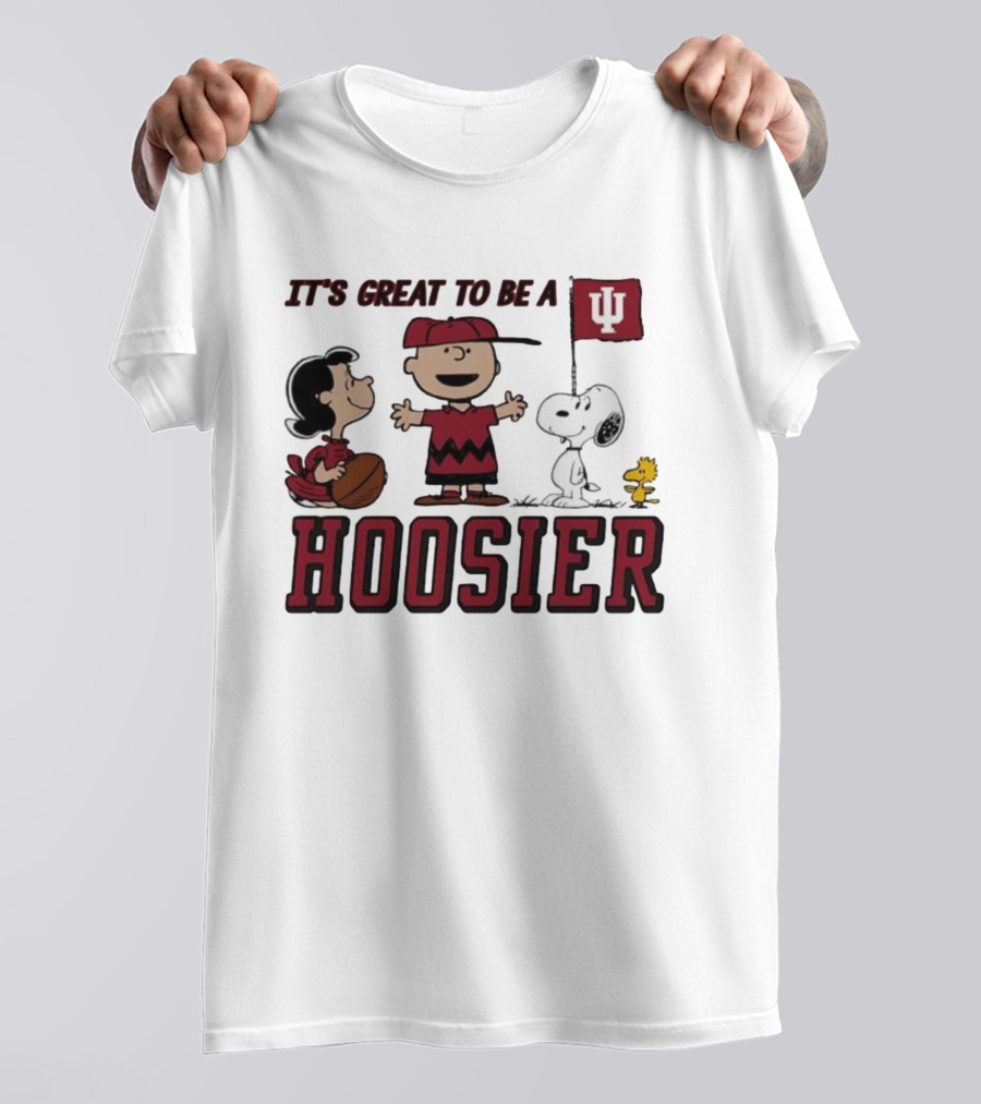 Peanuts Characters Indiana Hoosiers It's Great To Be A Hoosier Snoopy Woodstock Lucy Charlie Brown IU Flag T-Shirt