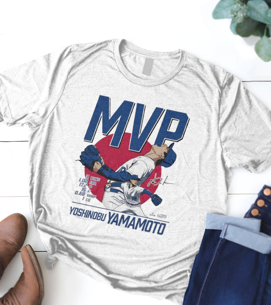 MVP Yoshinobu Yamamoto Three Wins Pitcher ERA Los Angeles Dodgers T-Shirt