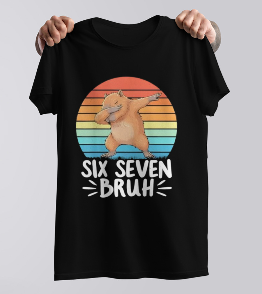 67 Meme Capybara Dabbing Six Seven Bruh Rainbow Retro T-Shirt