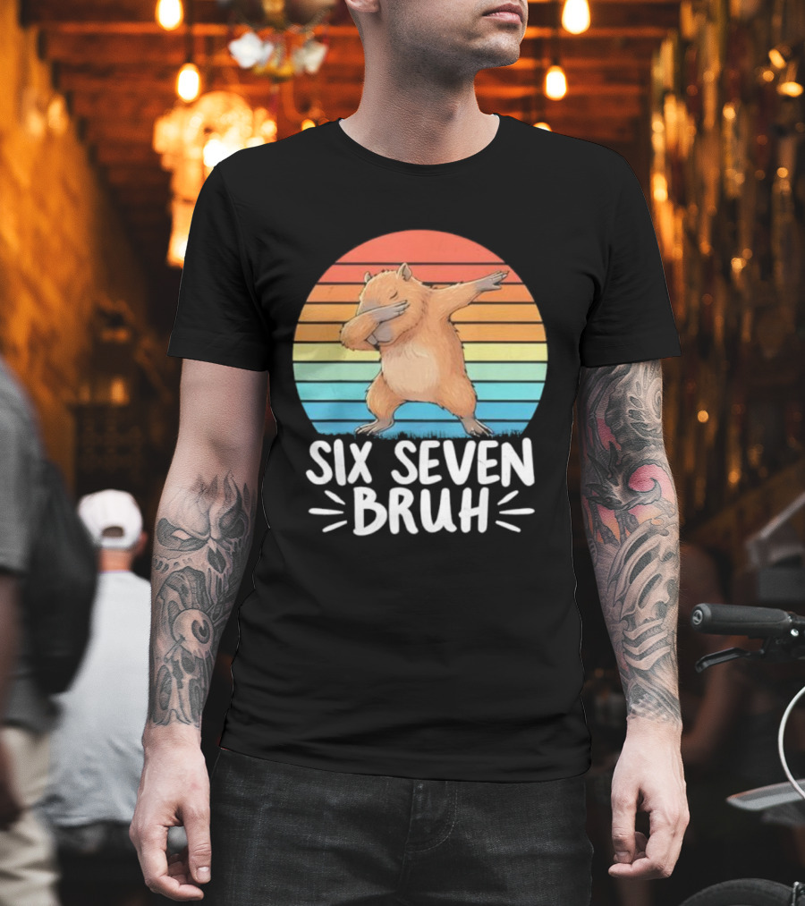 67 Meme Capybara Dabbing Six Seven Bruh Rainbow Retro T-Shirt