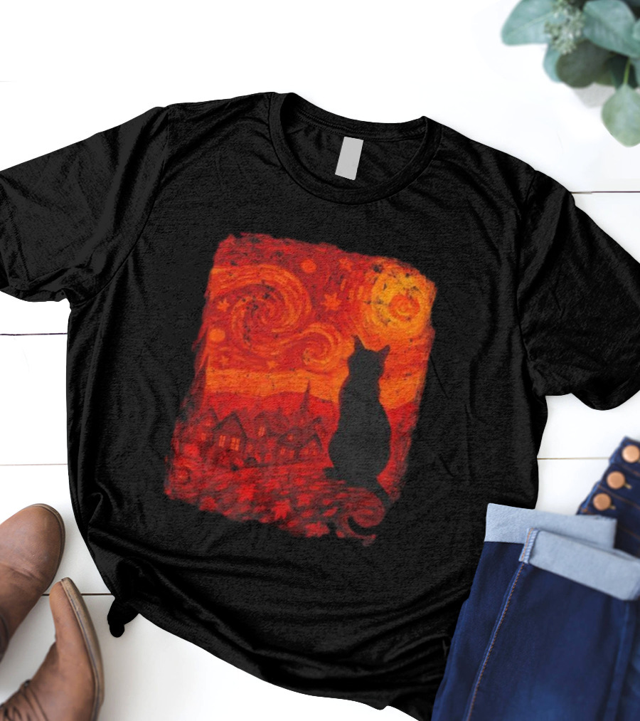 Van Gogh Cat Lover Starry Night Thanksgiving Autumn T-Shirt