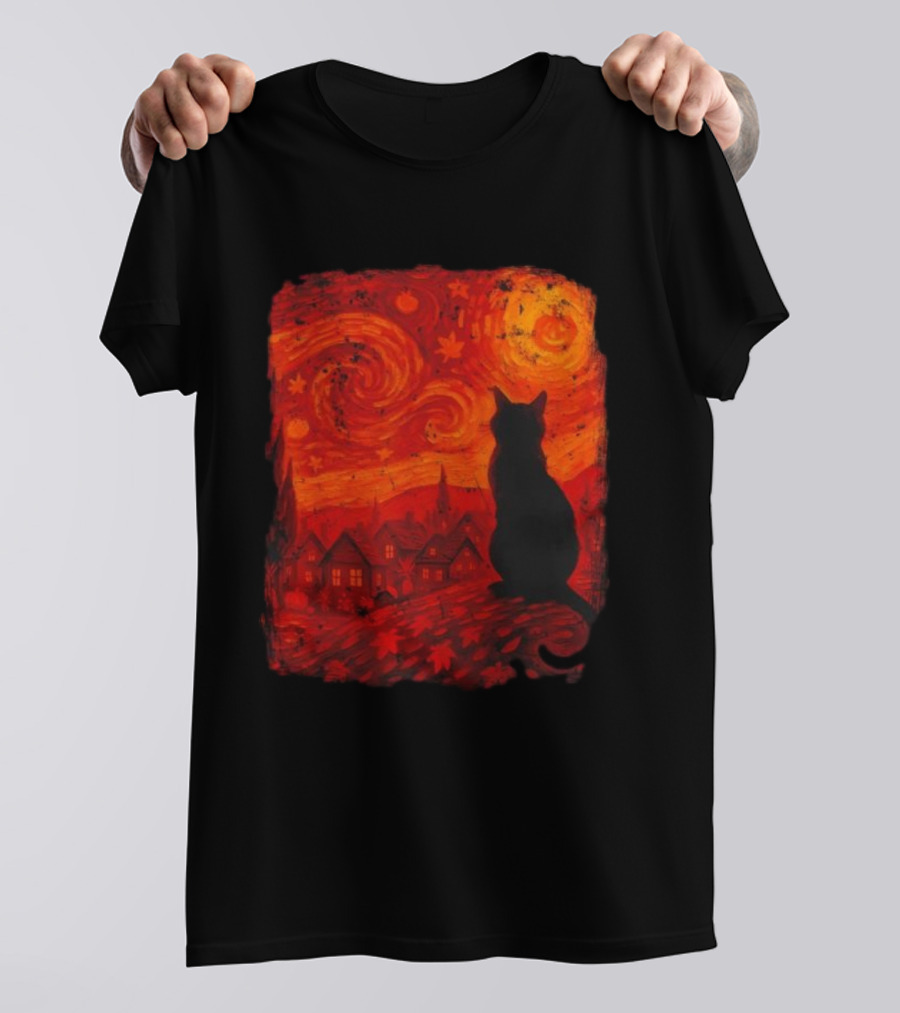 Van Gogh Cat Lover Starry Night Thanksgiving Autumn T-Shirt
