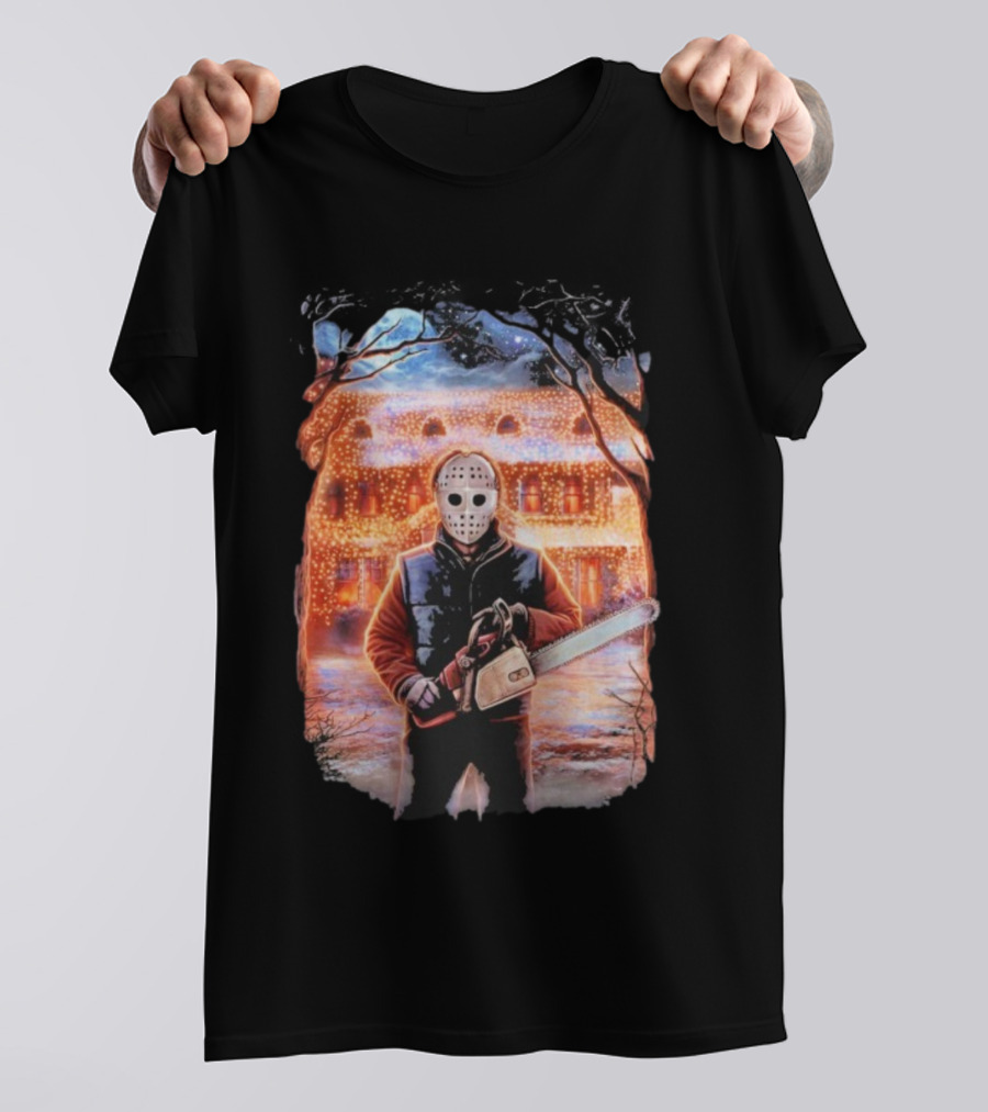 Clark’s Revenge Chainsaw Christmas Lights Hockey Mask Retro Horror Holiday T-Shirt