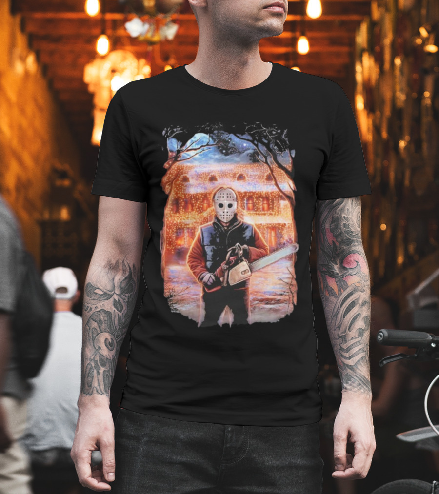 Clark’s Revenge Chainsaw Christmas Lights Hockey Mask Retro Horror Holiday T-Shirt