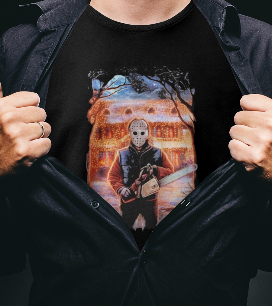Clark’s Revenge Chainsaw Christmas Lights Hockey Mask Retro Horror Holiday T-Shirt
