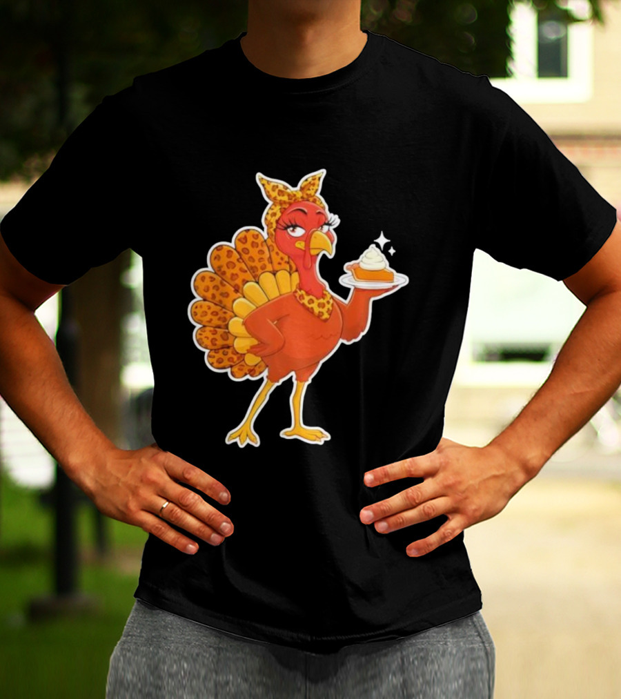 Leopard Print Turkey With Pumpkin Pie Thanksgiving T-Shirt