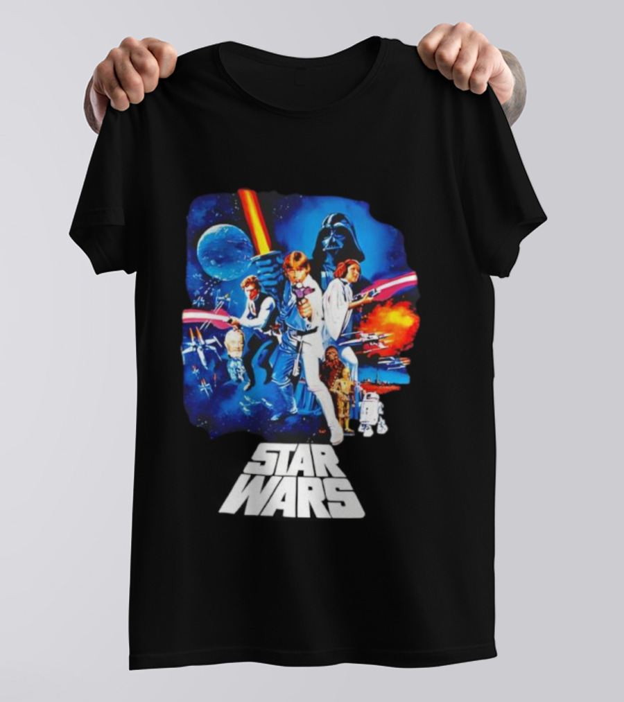 Star Wars New Hope Retro Darth Vader Luke Skywalker Leia Han Solo Chewbacca R2-D2 C-3PO Vintage Galactic Battle Scene T-Shirt