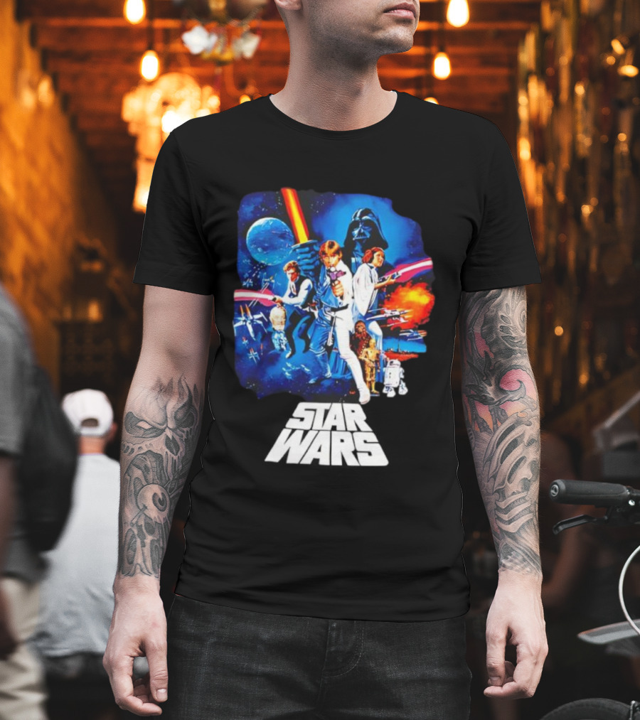 Star Wars New Hope Retro Darth Vader Luke Skywalker Leia Han Solo Chewbacca R2-D2 C-3PO Vintage Galactic Battle Scene T-Shirt