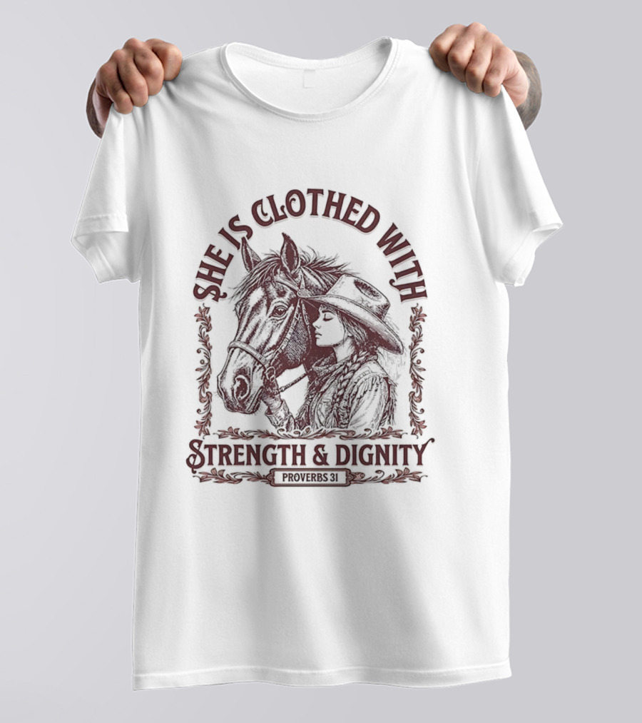 She Is Clothed With Strength And Dignity Proverbs 31 Horse And Cowgirl Design T-Shirt