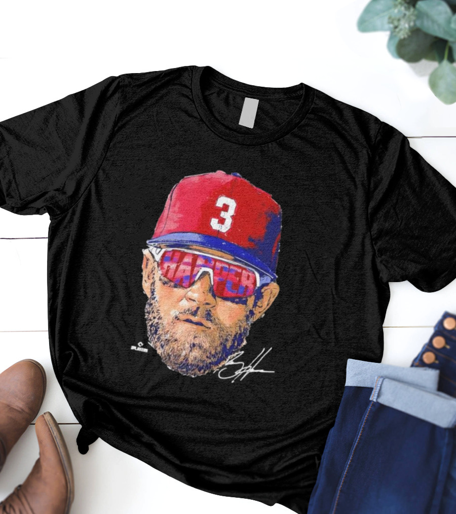 Philadelphia Phillies Bryce Harper Signature Head 3 Cap Sunglasses T-Shirt