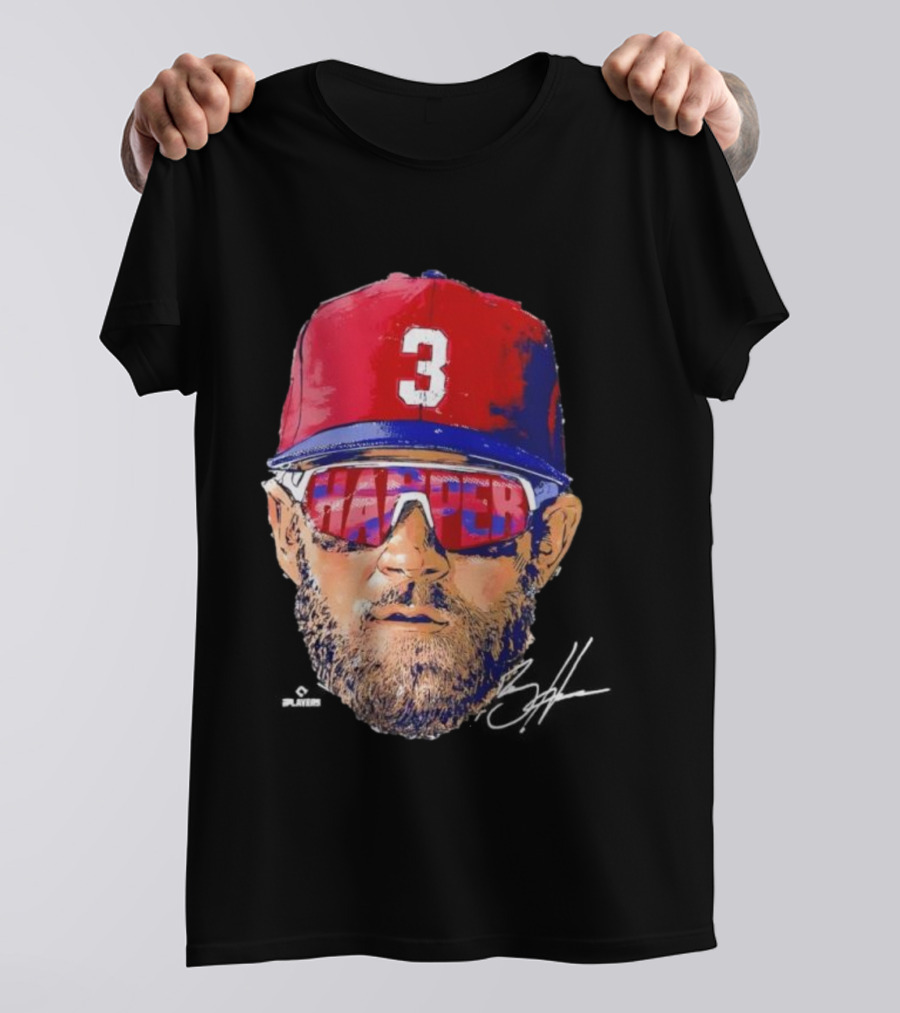 Philadelphia Phillies Bryce Harper Signature Head 3 Cap Sunglasses T-Shirt