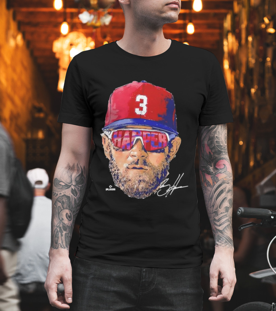 Philadelphia Phillies Bryce Harper Signature Head 3 Cap Sunglasses T-Shirt