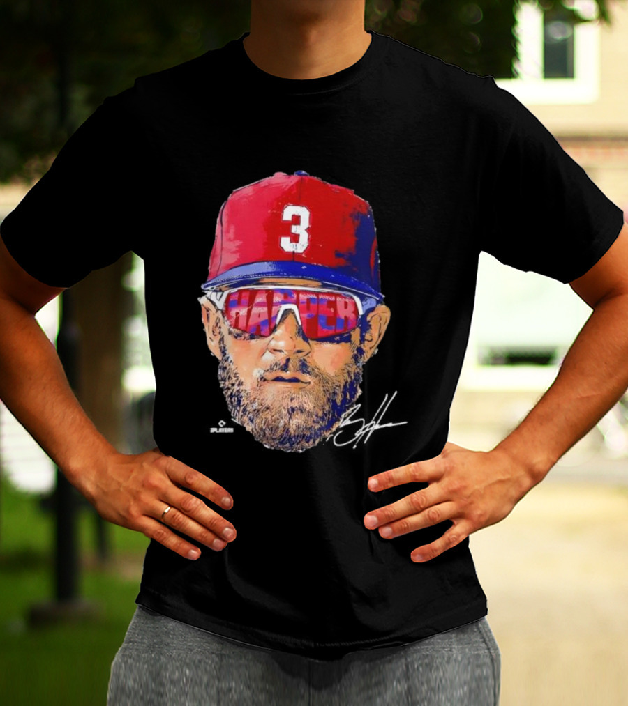 Philadelphia Phillies Bryce Harper Signature Head 3 Cap Sunglasses T-Shirt