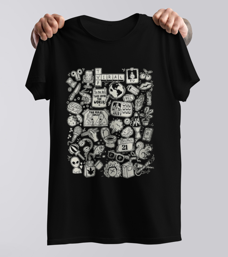 The Viral Podcast Doodle Funny Icons And Words Collage T-Shirt