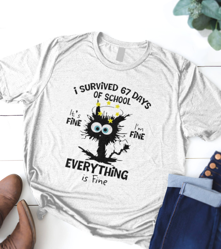I Survived 67 Days Of School Cat Everything Is Fine Stars Eyes T-Shirt