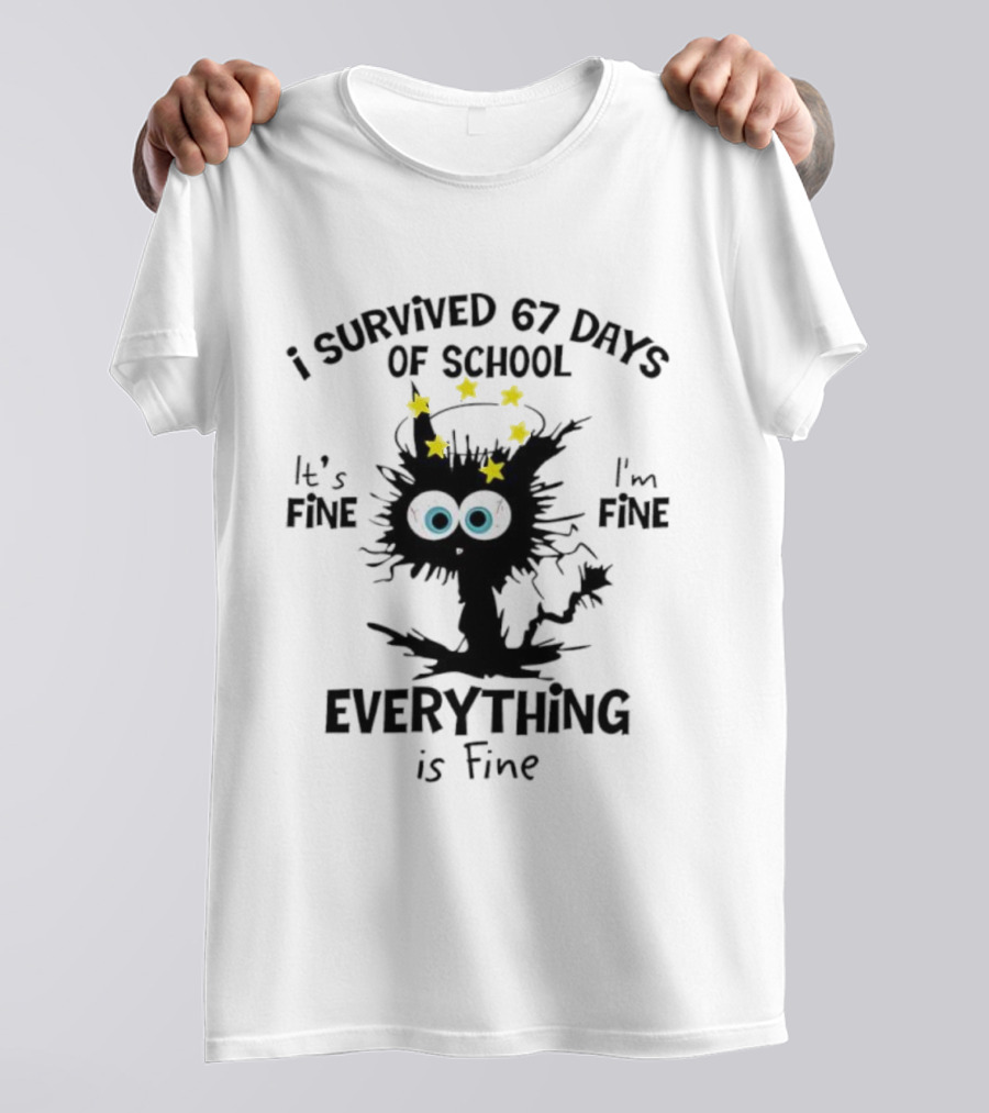 I Survived 67 Days Of School Cat Everything Is Fine Stars Eyes T-Shirt