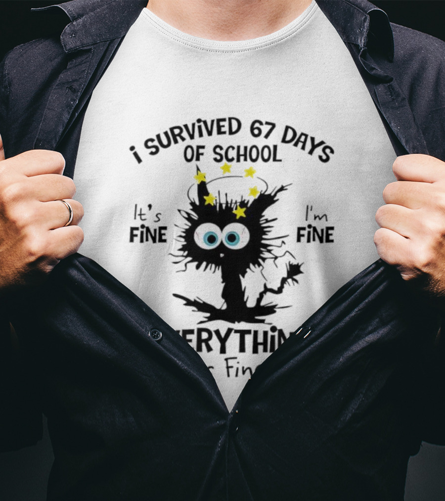 I Survived 67 Days Of School Cat Everything Is Fine Stars Eyes T-Shirt