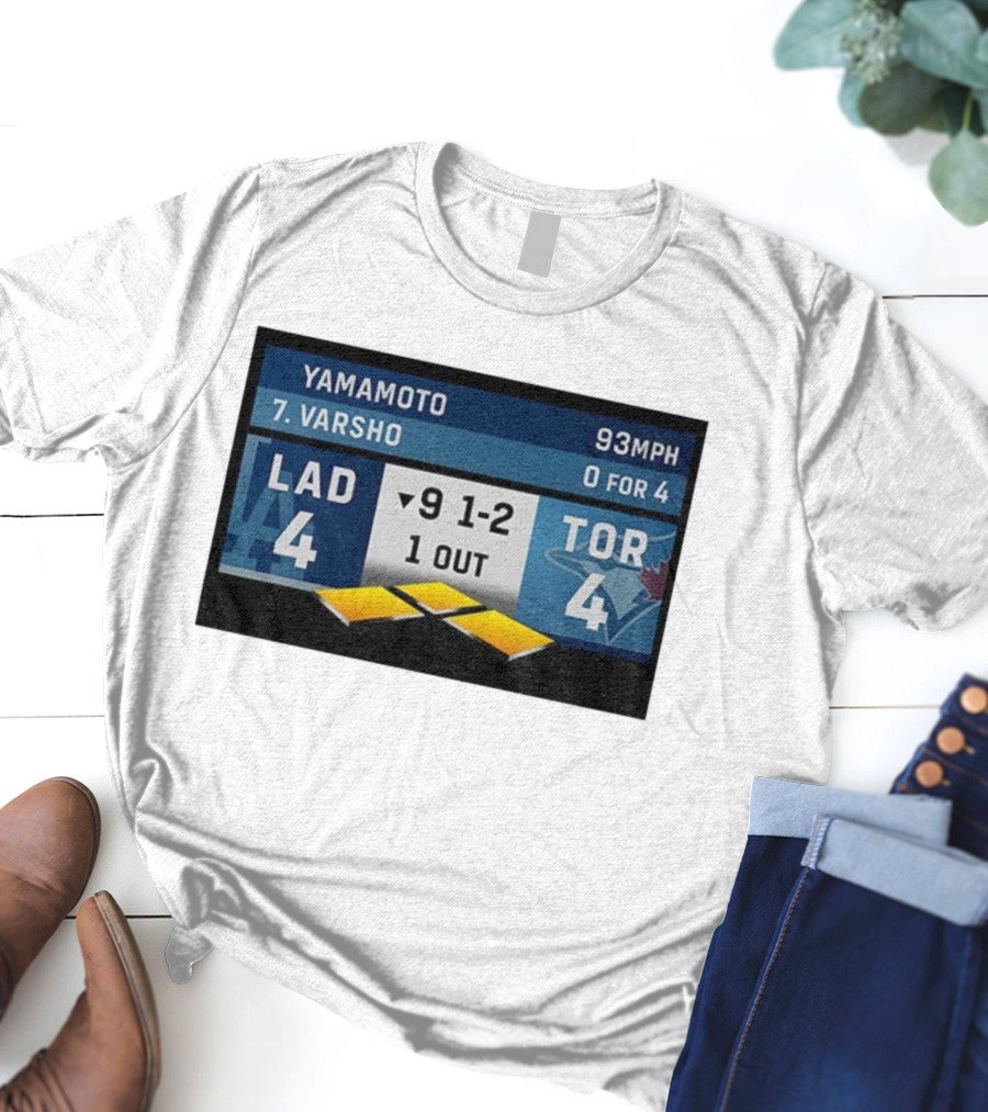 Los Angeles Dodgers Vs Toronto Blue Jays Bottom Of 9th Inning Score Tied 4-4 With Pitcher Yamamoto And Batter Varsho T-Shirt