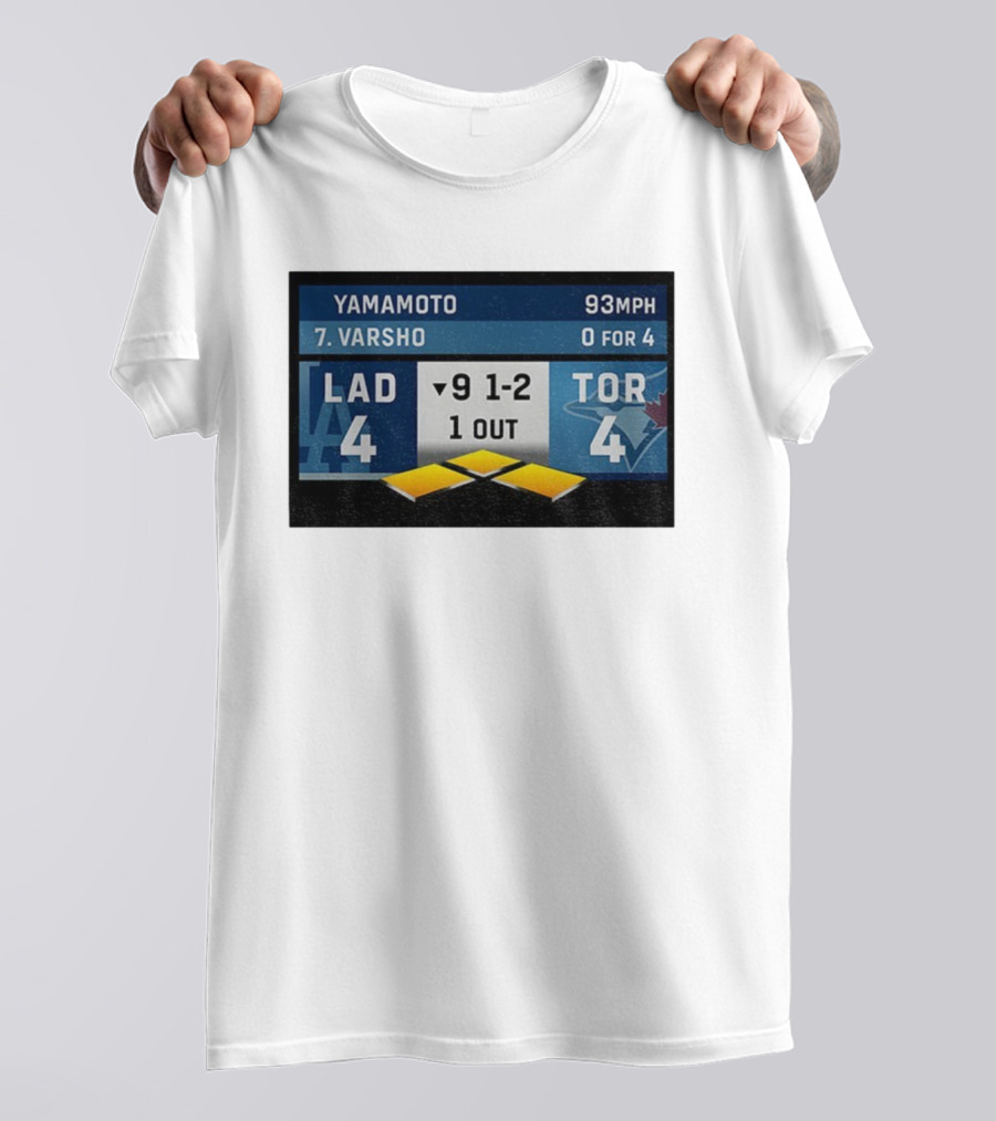 Los Angeles Dodgers Vs Toronto Blue Jays Bottom Of 9th Inning Score Tied 4-4 With Pitcher Yamamoto And Batter Varsho T-Shirt