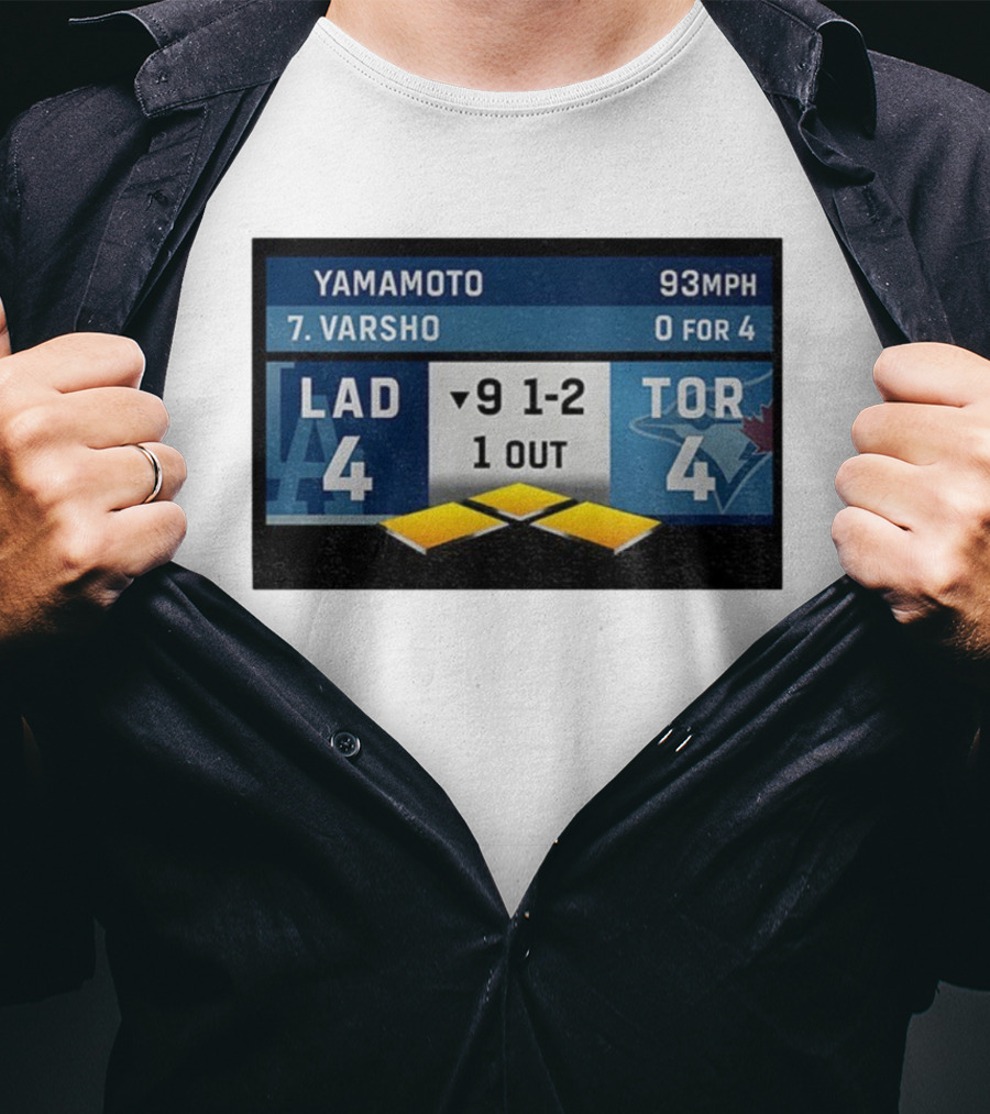 Los Angeles Dodgers Vs Toronto Blue Jays Bottom Of 9th Inning Score Tied 4-4 With Pitcher Yamamoto And Batter Varsho T-Shirt
