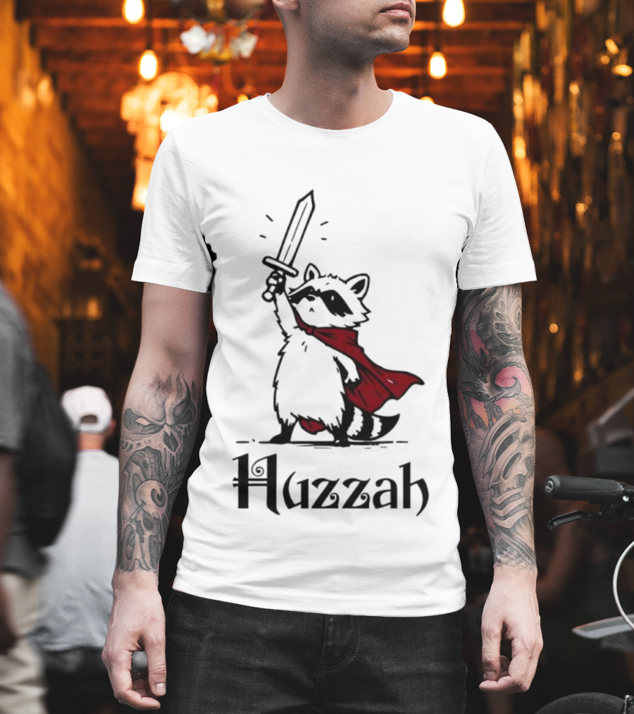 Raccoon Warrior Huzzah Red Cape Sword Heroic Pose T-Shirt