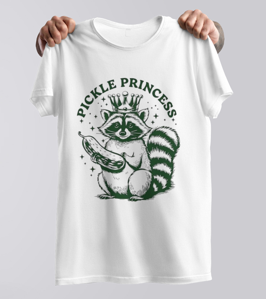 Pickle Princess Raccoon Holding Pickle With Crown And Stars T-Shirt