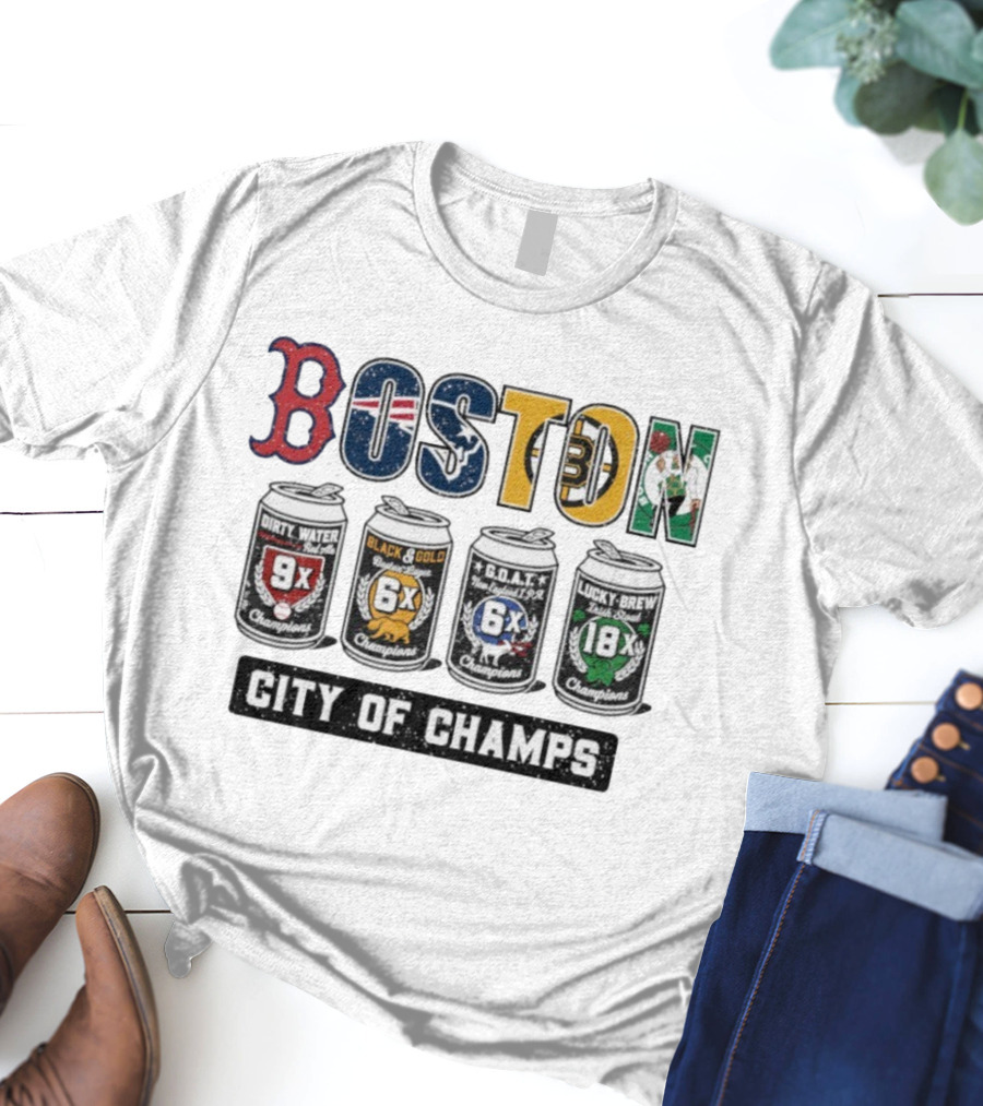 Boston City Of Champions Dirty Water Black Gold G.O.A.T Lucky Brew T-Shirt