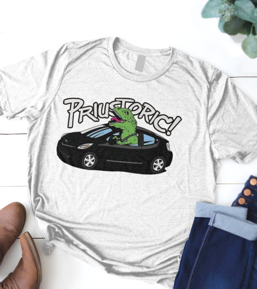 Priustoric T-Rex Dinosaur Driving Car Playful Humor T-Shirt