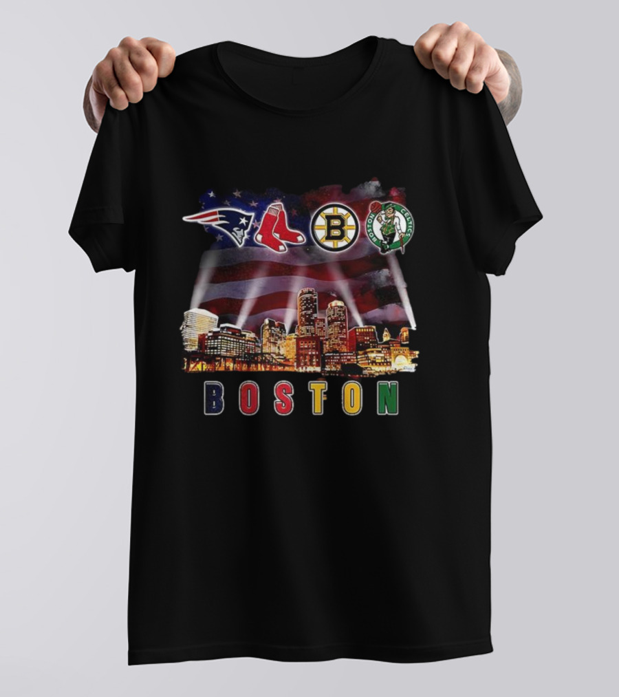 Boston Patriots Red Sox Bruins Celtics City Skyline Fan Celebration T-Shirt