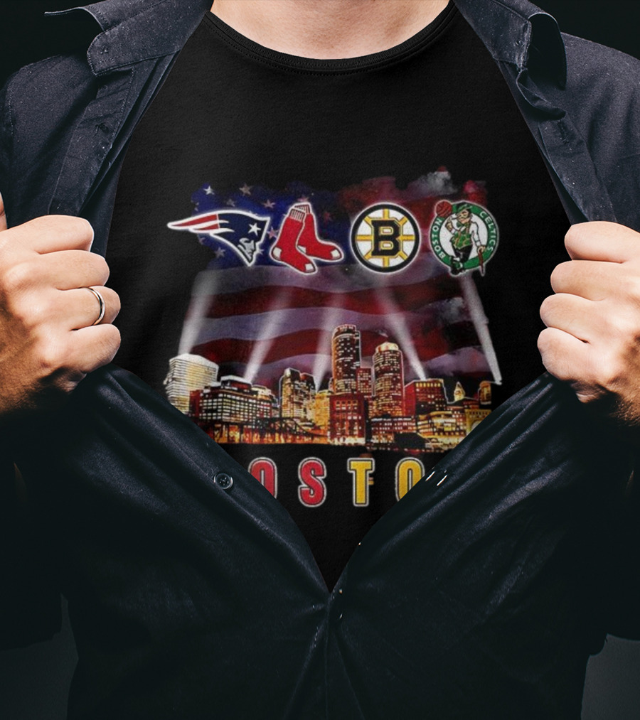 Boston Patriots Red Sox Bruins Celtics City Skyline Fan Celebration T-Shirt