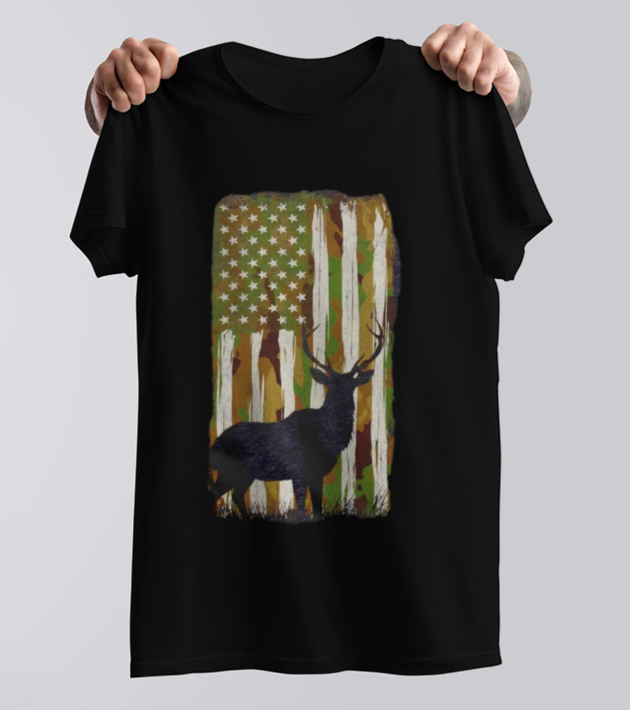 Camo Buck American Flag Camouflage Silhouette T-Shirt