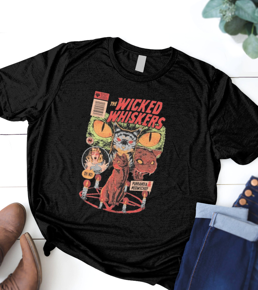 The Wicked Whiskers Oh No Purranoia Meowschief Comic Style Cats T-Shirt