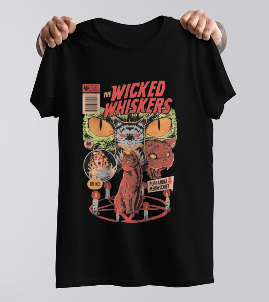 The Wicked Whiskers Oh No Purranoia Meowschief Comic Style Cats T-Shirt