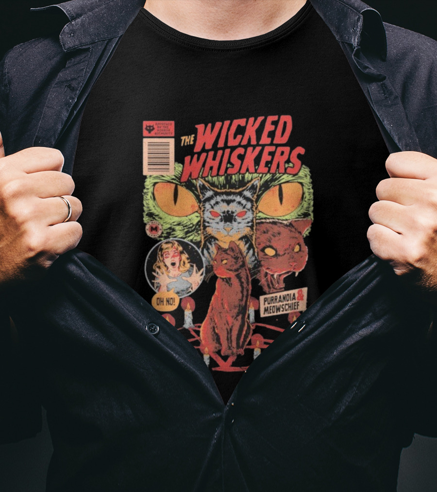 The Wicked Whiskers Oh No Purranoia Meowschief Comic Style Cats T-Shirt