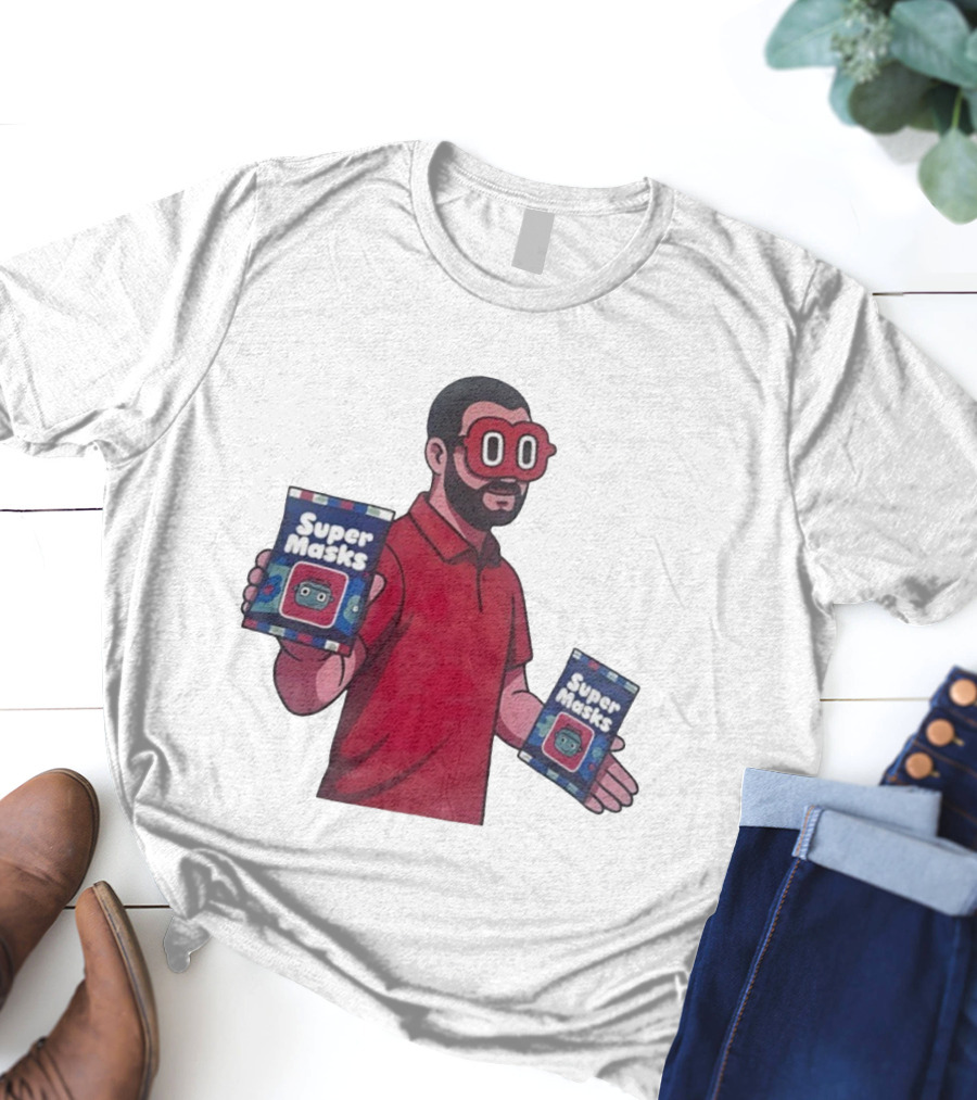 Super Masks Red Character Holding Packages With Eye Mask T-Shirt