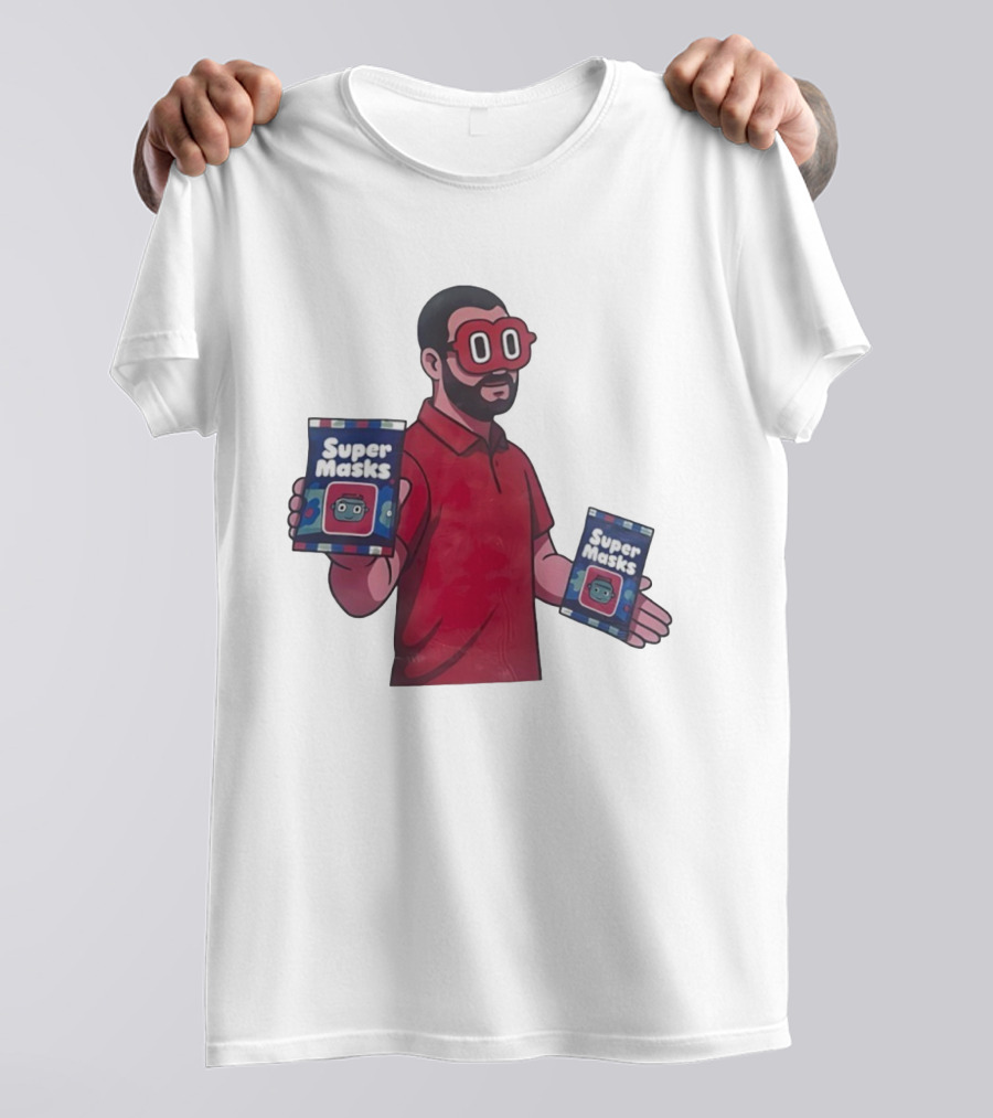 Super Masks Red Character Holding Packages With Eye Mask T-Shirt