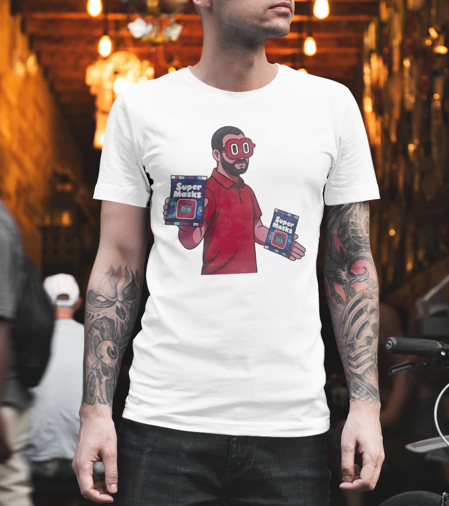 Super Masks Red Character Holding Packages With Eye Mask T-Shirt