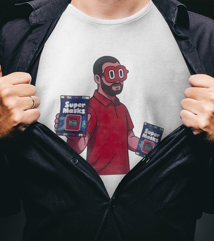 Super Masks Red Character Holding Packages With Eye Mask T-Shirt