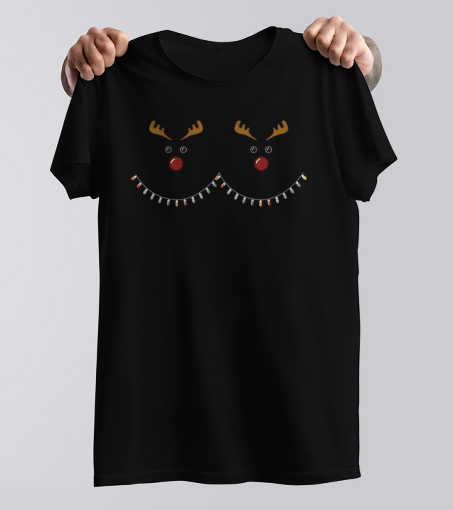 Funny Christmas Reindeer Boobs Lights Antlers Nose Eyes T-Shirt