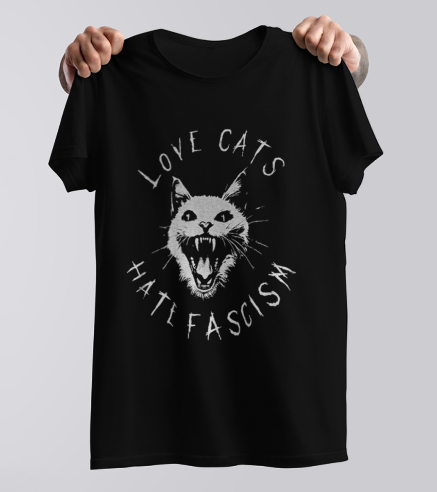Love Cats Hate Fascism Antifascism Roaring Cat Graphic T-Shirt