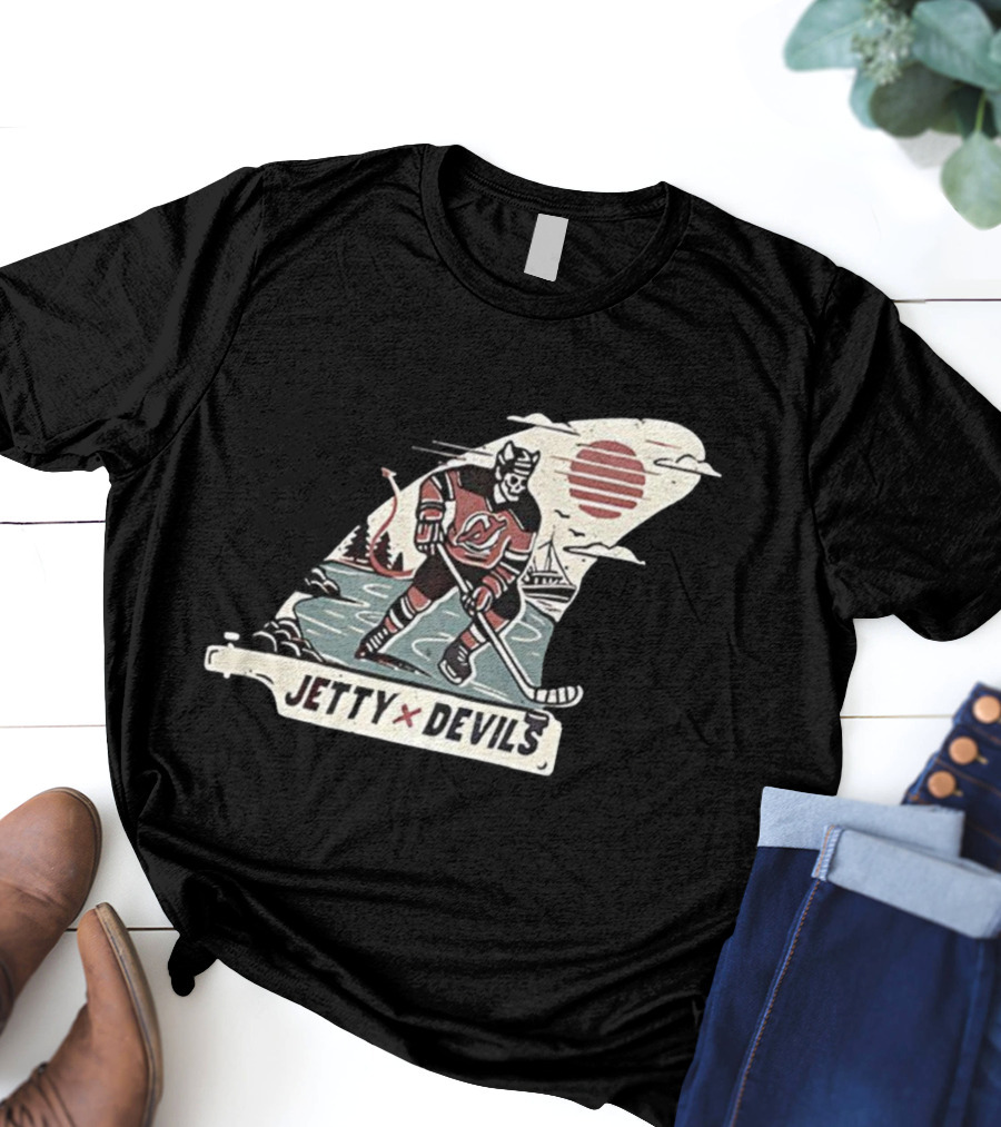 Jetty X New Jersey Devils NHL Player Vintage Skeleton Hockey Sunset Scene T-Shirt
