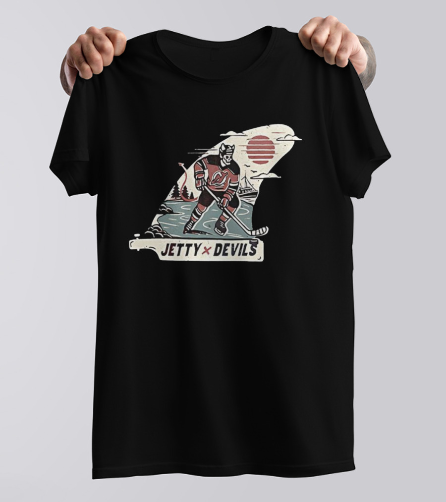 Jetty X New Jersey Devils NHL Player Vintage Skeleton Hockey Sunset Scene T-Shirt