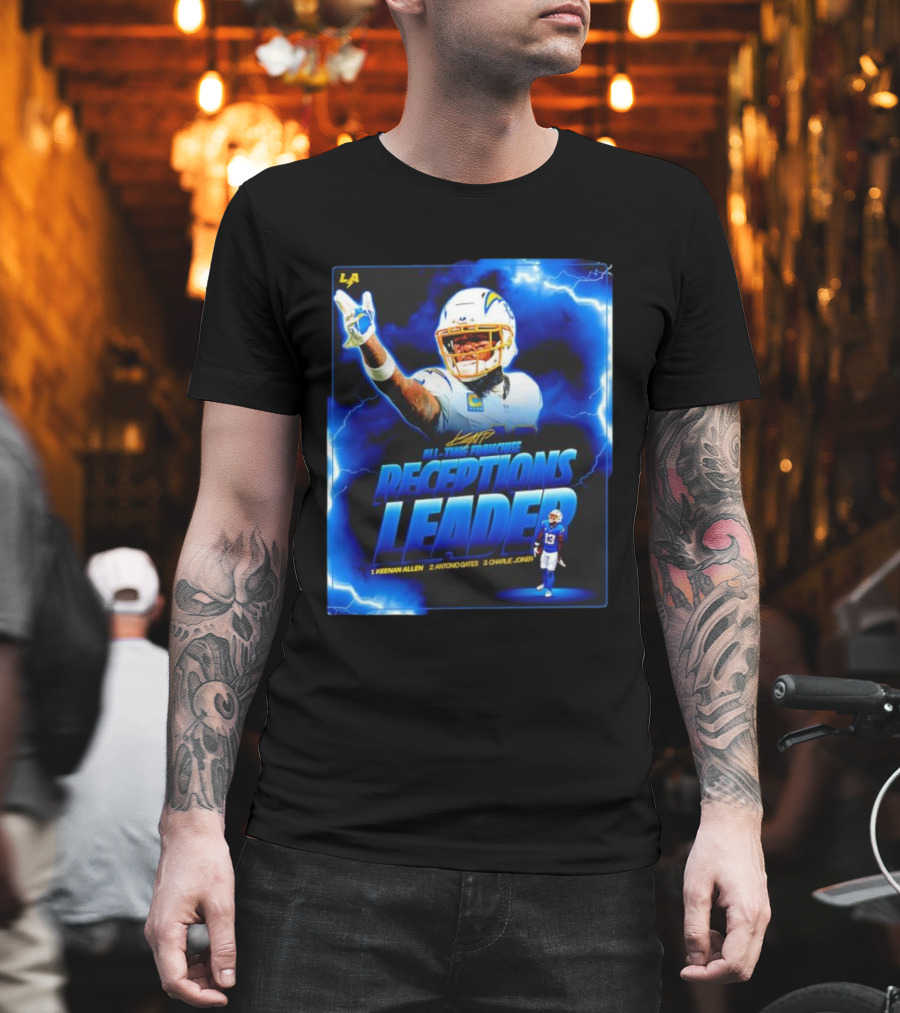 Keenan Allen Chargers All-Time Franchise Receptions Leader Lightning Theme T-Shirt