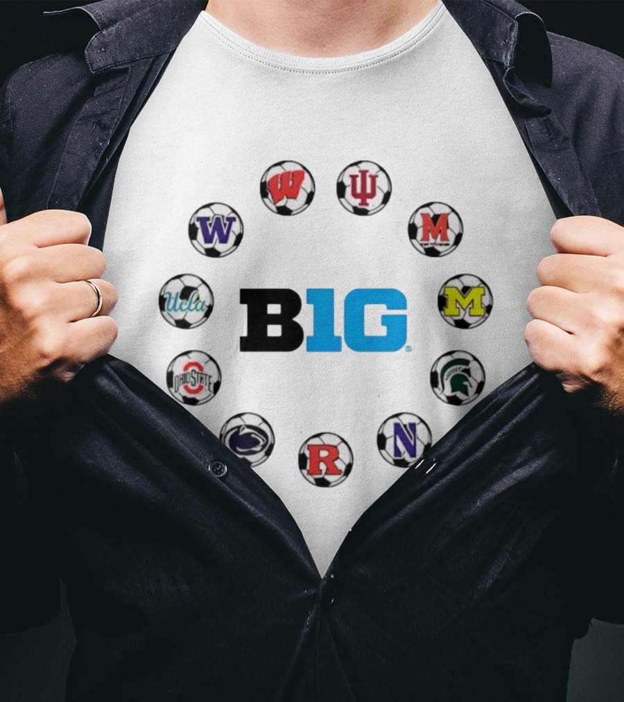 Big Ten Soccer College Teams Logos Featuring Wisconsin Indiana Maryland Michigan UCLA Ohio State Penn State Northwestern T-Shirt