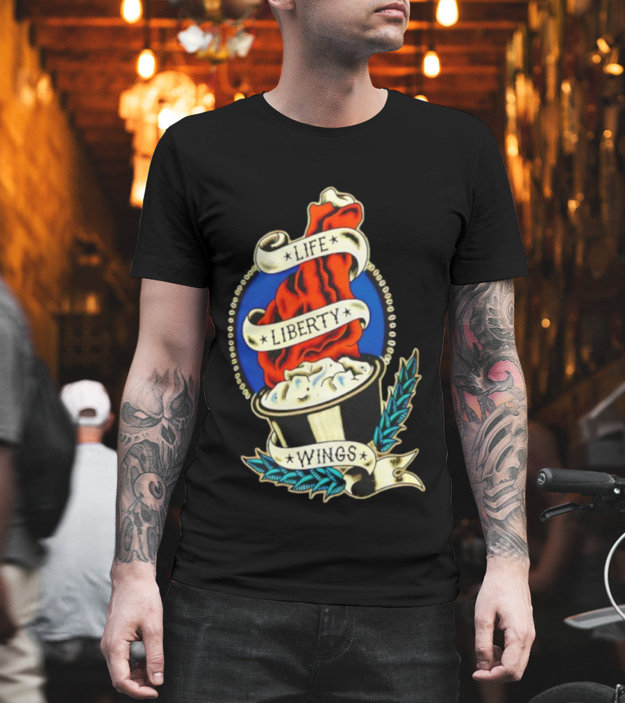 Life Liberty Wings Tattoo Style Emblem Flame And Feather Elements T-Shirt