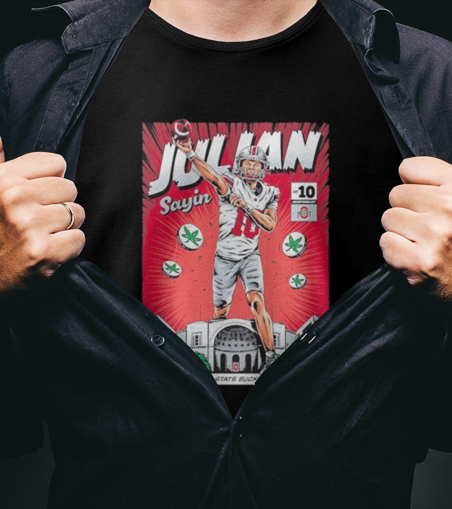 Julian Sayin Ohio State Buckeyes Number 10 Comic Superheroes Stadium T-Shirt
