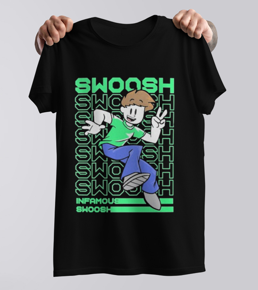 Infamous Swoosh Repeated Cartoon Character Peace Gesture Bright Colors T-Shirt