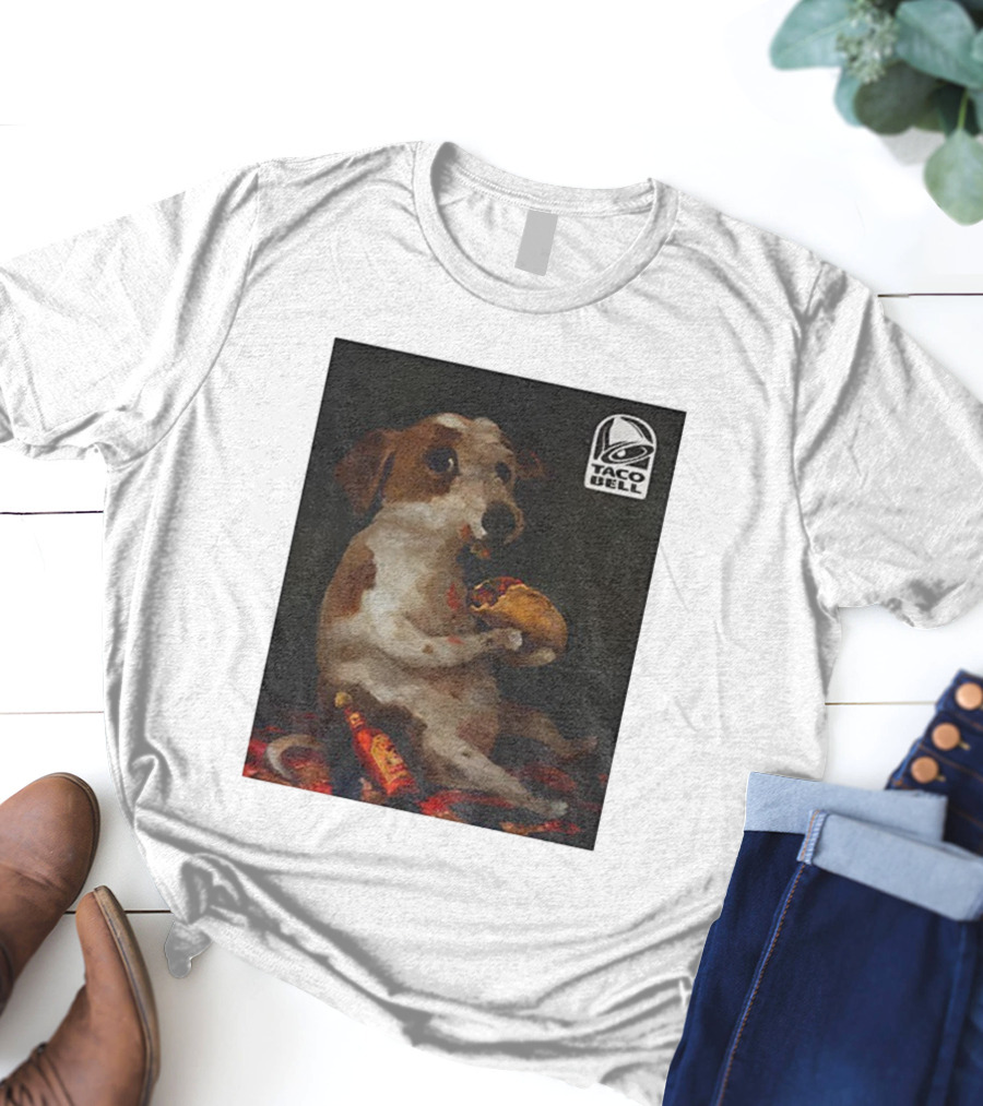 Dog With Taco Bell Burrito And Hot Sauce Funny Meme T-Shirt