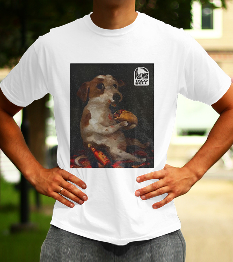 Dog With Taco Bell Burrito And Hot Sauce Funny Meme T-Shirt