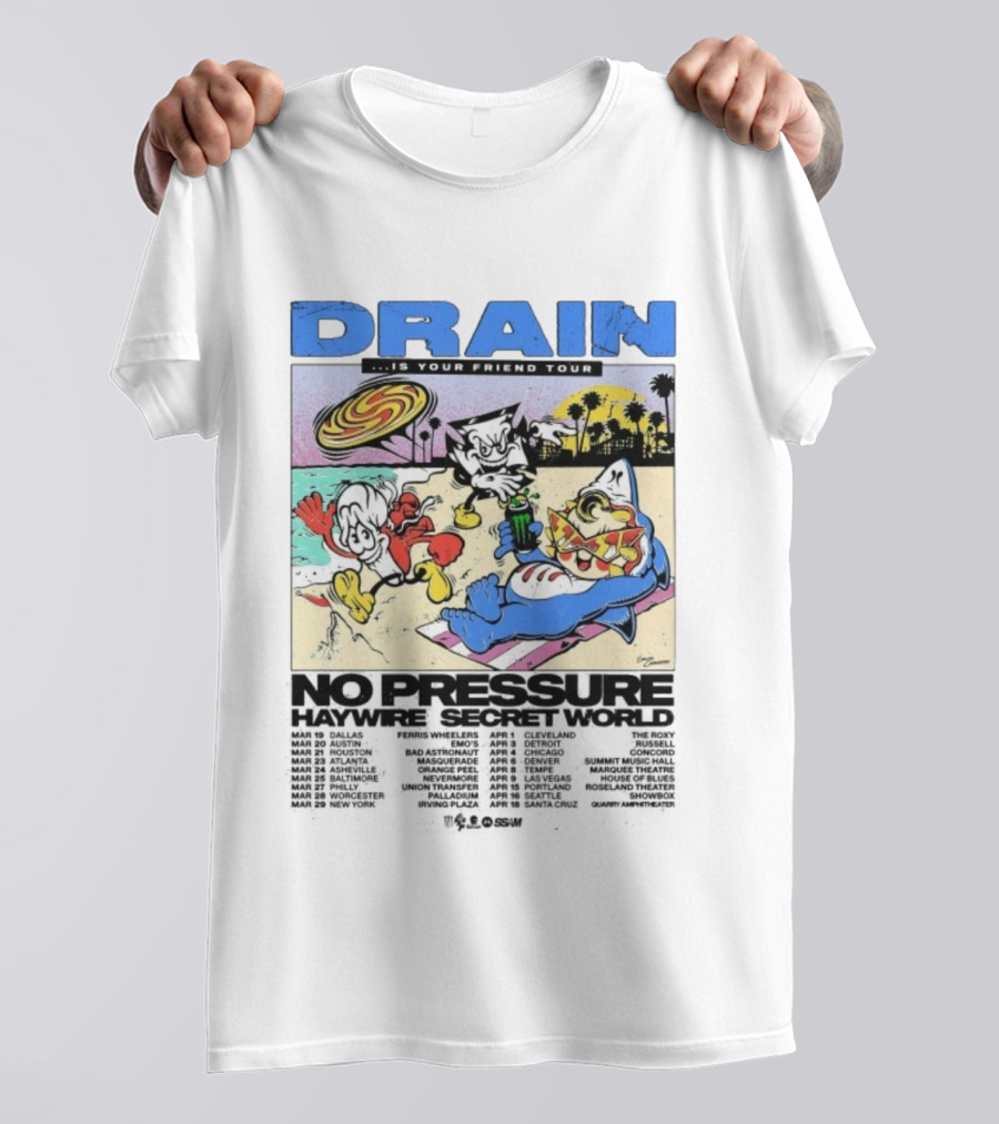 Drain Is Your Friend Tour 2026 No Pressure Haywire Secret World Beach Scene Vintage Style T-Shirt